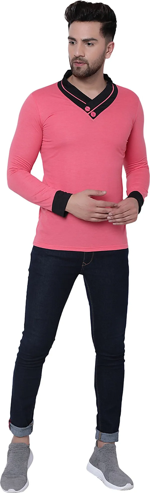 Pink_Cotton_Solid_Shawl_Neck_Regukar_Fit_T-Shirt_For_Men