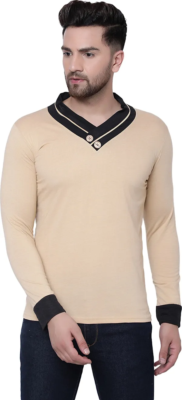 Beige_Cotton_Solid_Shawl_Neck_Regukar_Fit_T-Shirt_For_Men