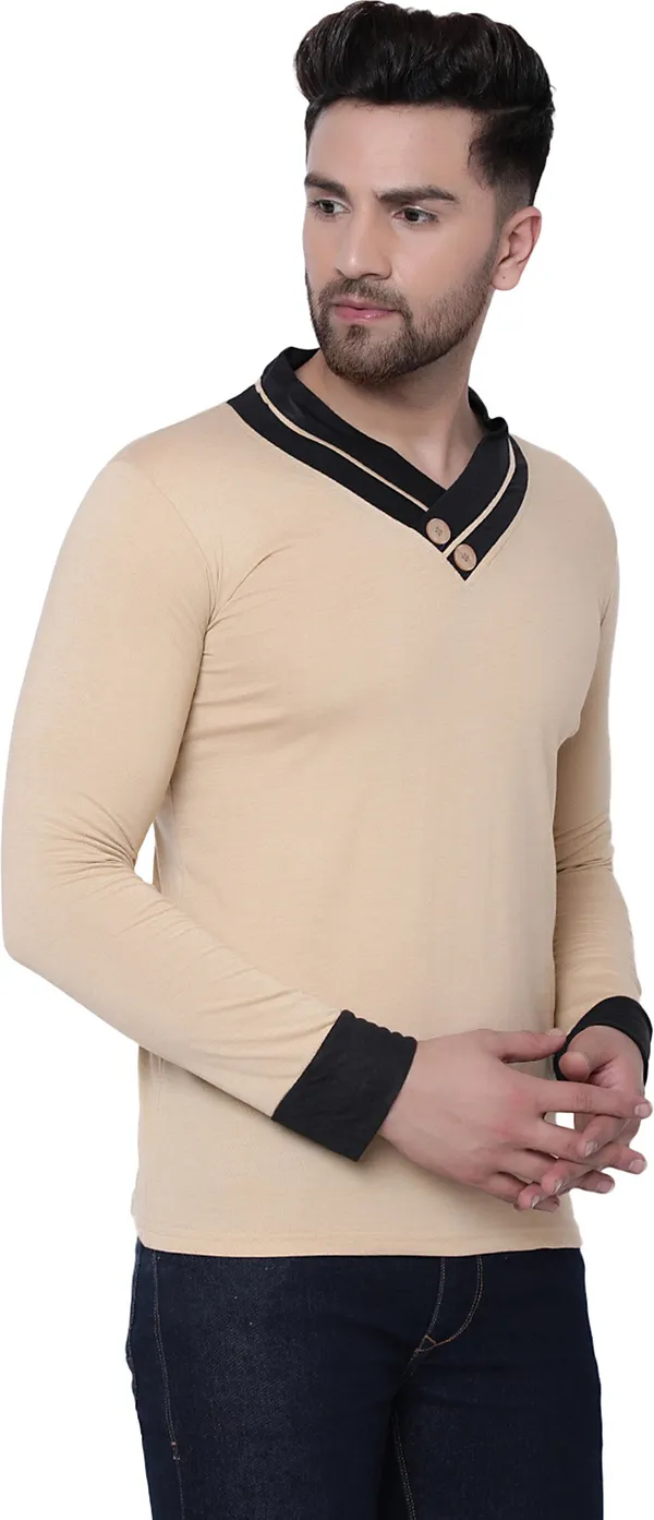 Beige_Cotton_Solid_Shawl_Neck_Regukar_Fit_T-Shirt_For_Men