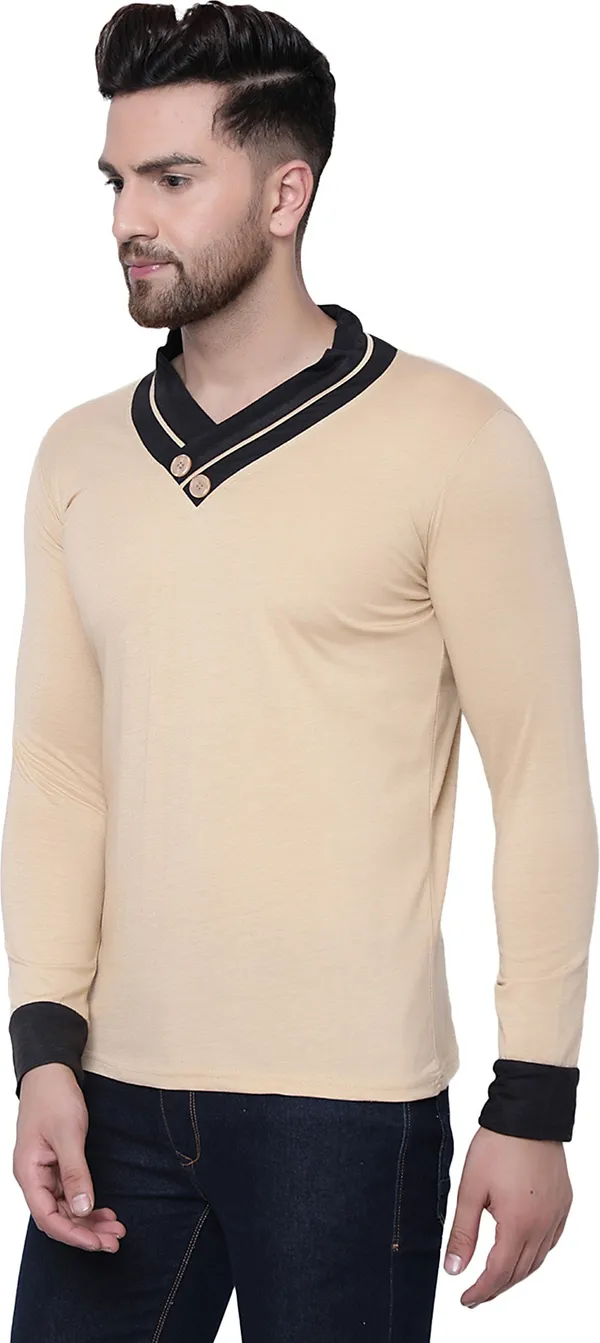 Beige_Cotton_Solid_Shawl_Neck_Regukar_Fit_T-Shirt_For_Men