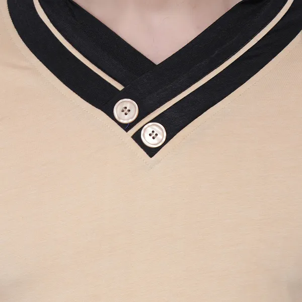 Beige_Cotton_Solid_Shawl_Neck_Regukar_Fit_T-Shirt_For_Men