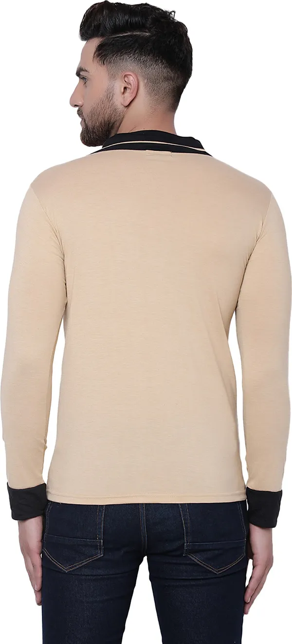 Beige_Cotton_Solid_Shawl_Neck_Regukar_Fit_T-Shirt_For_Men