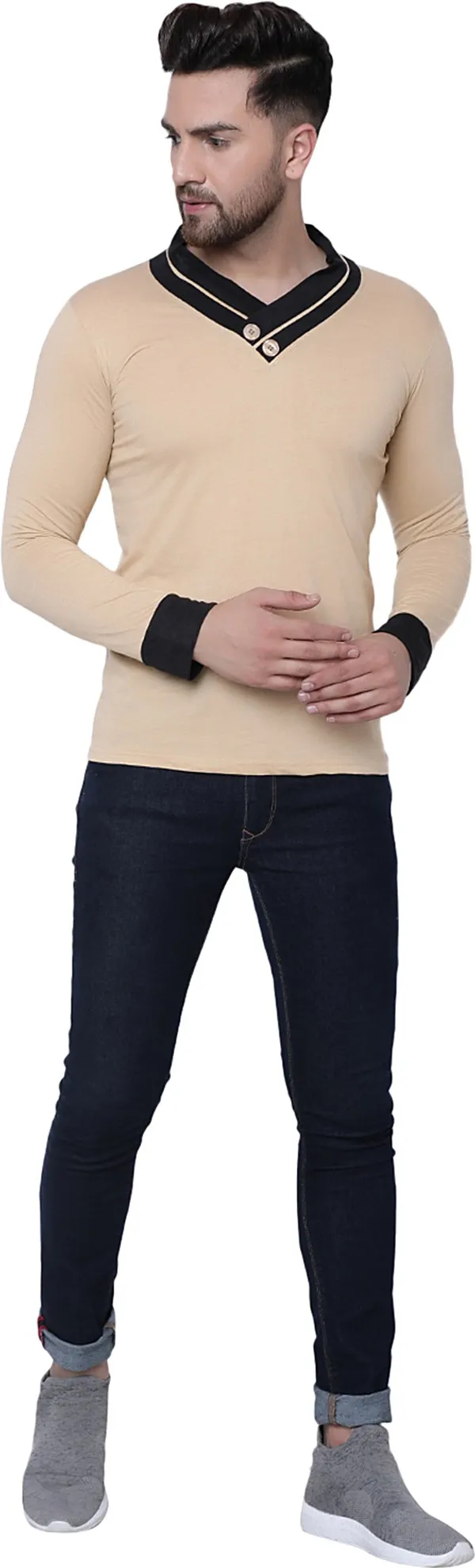 Beige_Cotton_Solid_Shawl_Neck_Regukar_Fit_T-Shirt_For_Men