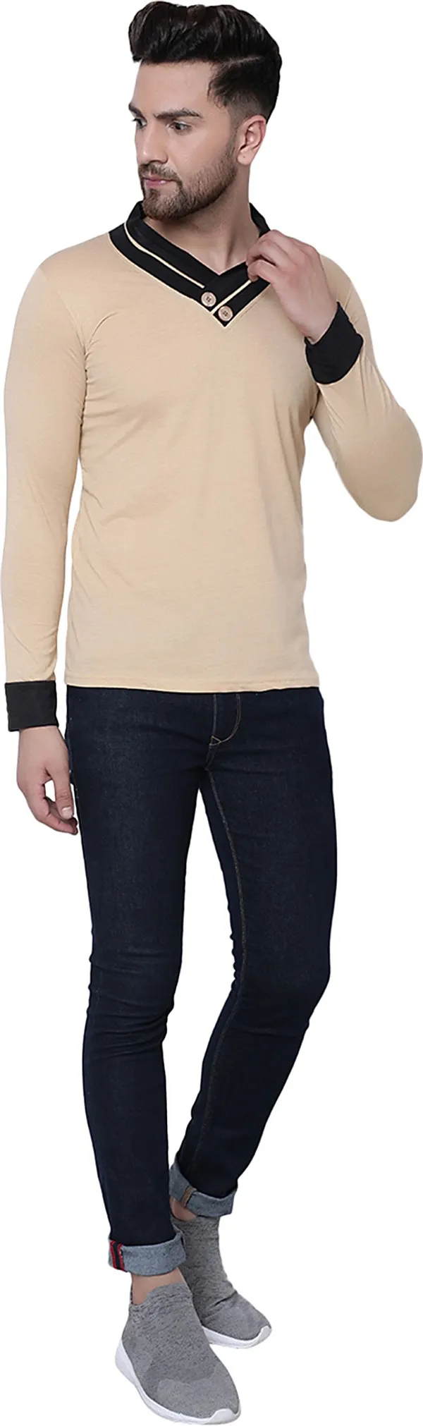 Beige_Cotton_Solid_Shawl_Neck_Regukar_Fit_T-Shirt_For_Men