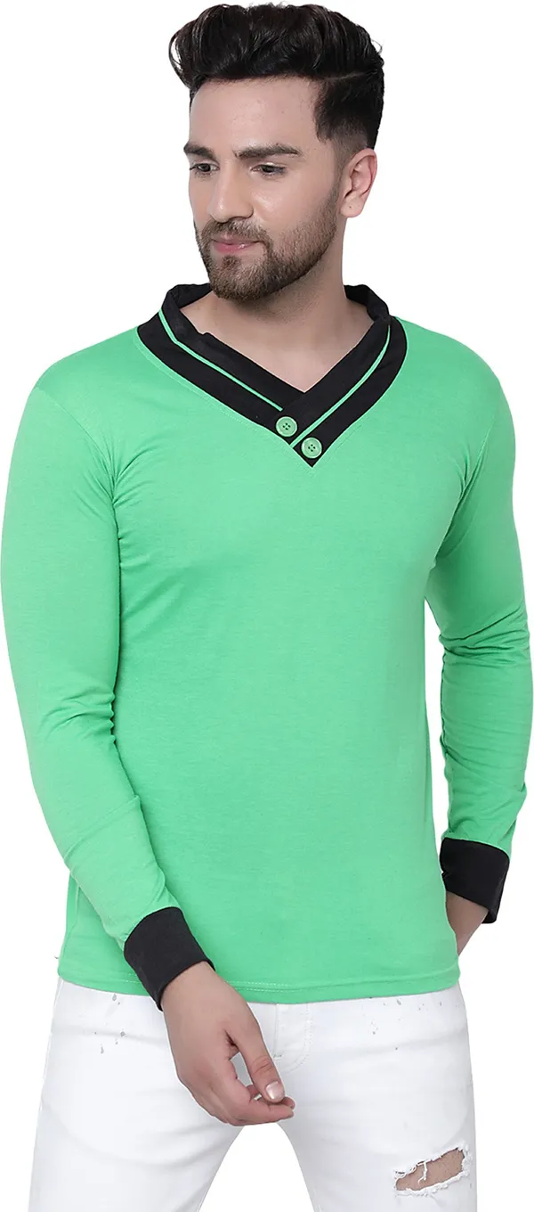 Green_Cotton_Solid_Shawl_Neck_Regukar_Fit_T-Shirt_For_Men