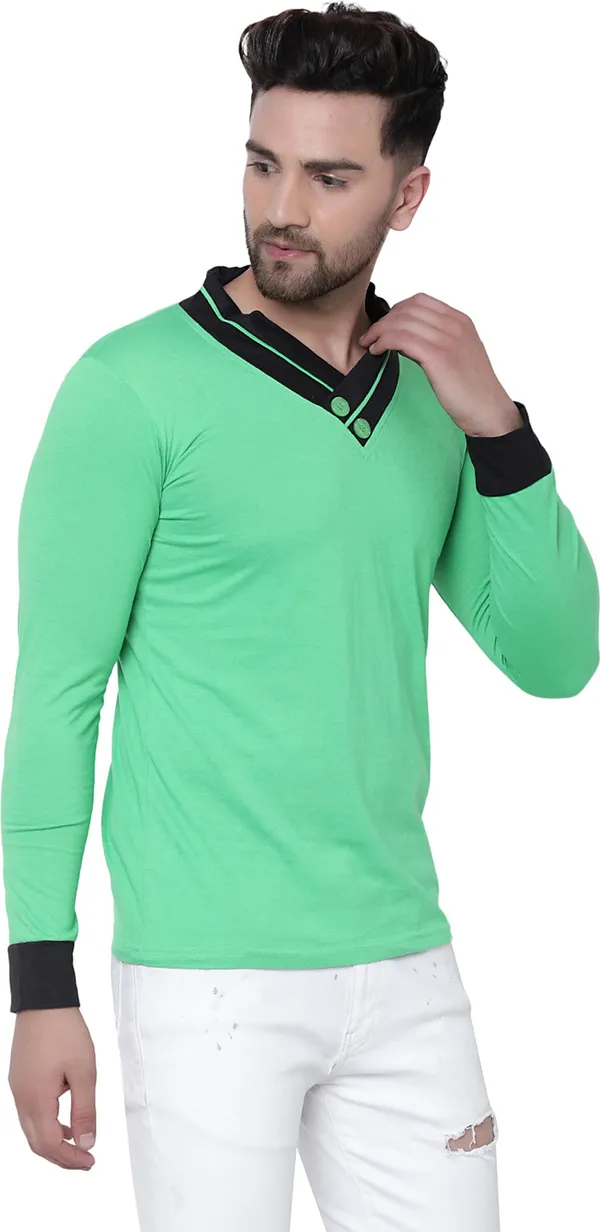 Green_Cotton_Solid_Shawl_Neck_Regukar_Fit_T-Shirt_For_Men