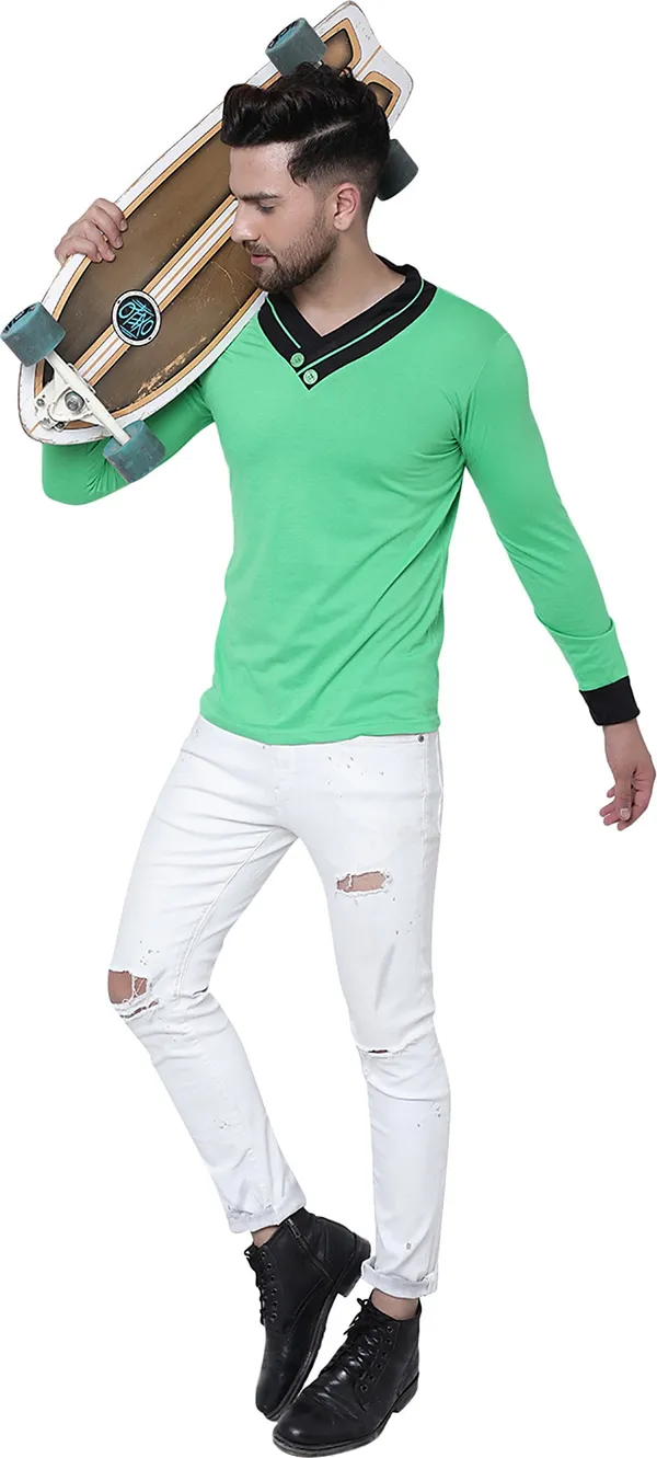 Green_Cotton_Solid_Shawl_Neck_Regukar_Fit_T-Shirt_For_Men