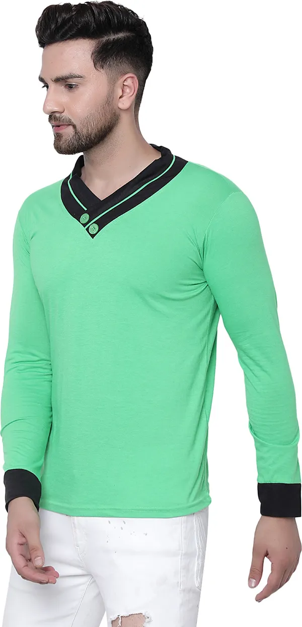 Green_Cotton_Solid_Shawl_Neck_Regukar_Fit_T-Shirt_For_Men