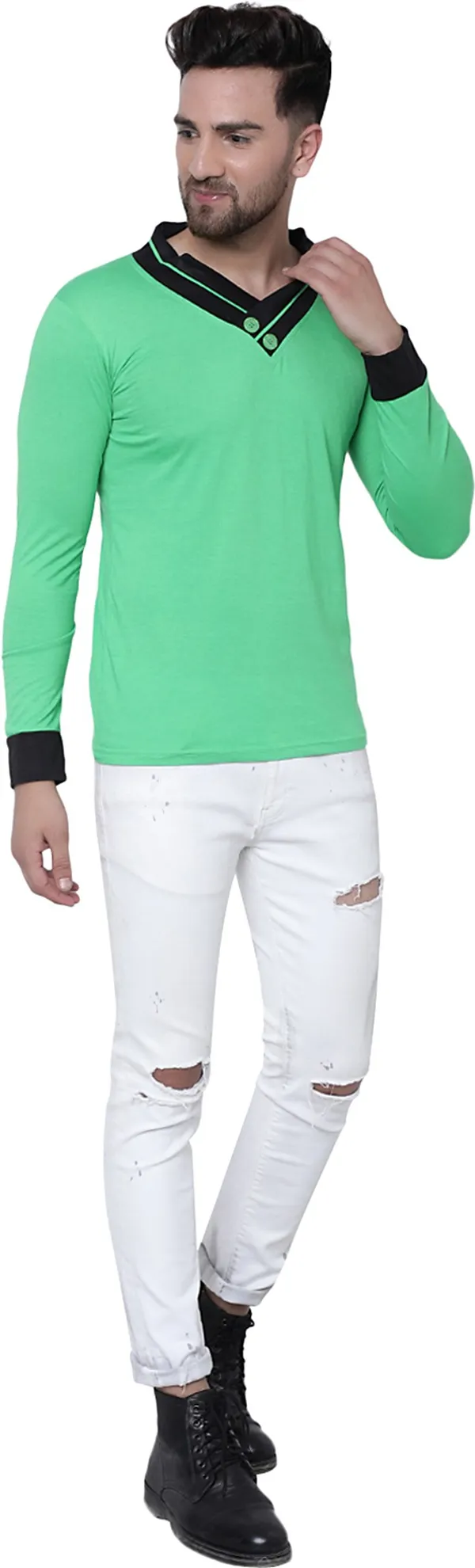 Green_Cotton_Solid_Shawl_Neck_Regukar_Fit_T-Shirt_For_Men