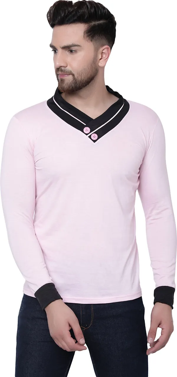 Pink_Cotton_Solid_Shawl_Neck_Regukar_Fit_T-Shirt_For_Men