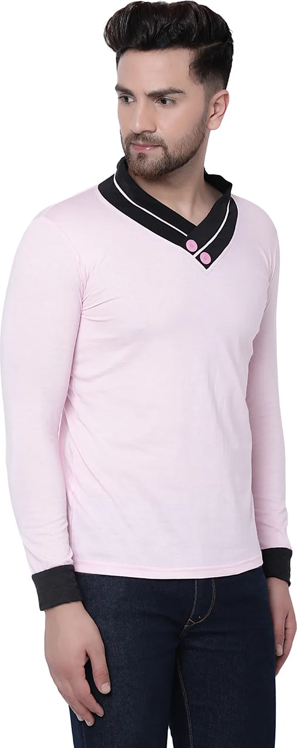 Pink_Cotton_Solid_Shawl_Neck_Regukar_Fit_T-Shirt_For_Men