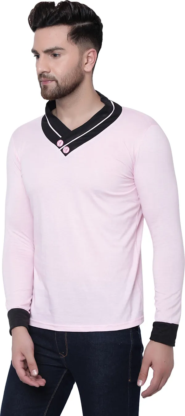 Pink_Cotton_Solid_Shawl_Neck_Regukar_Fit_T-Shirt_For_Men