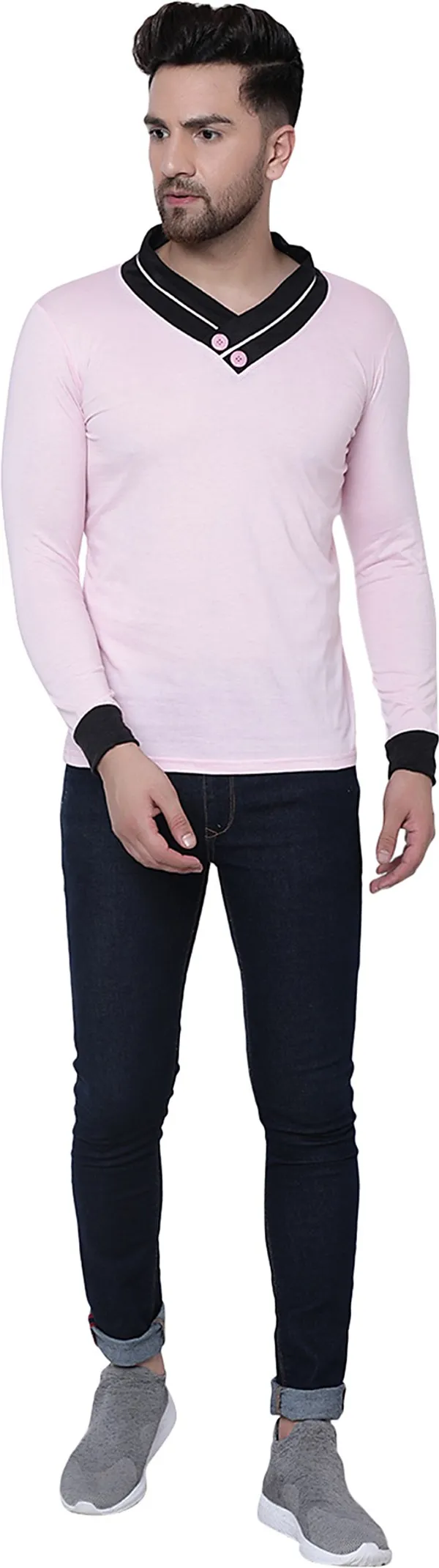 Pink_Cotton_Solid_Shawl_Neck_Regukar_Fit_T-Shirt_For_Men
