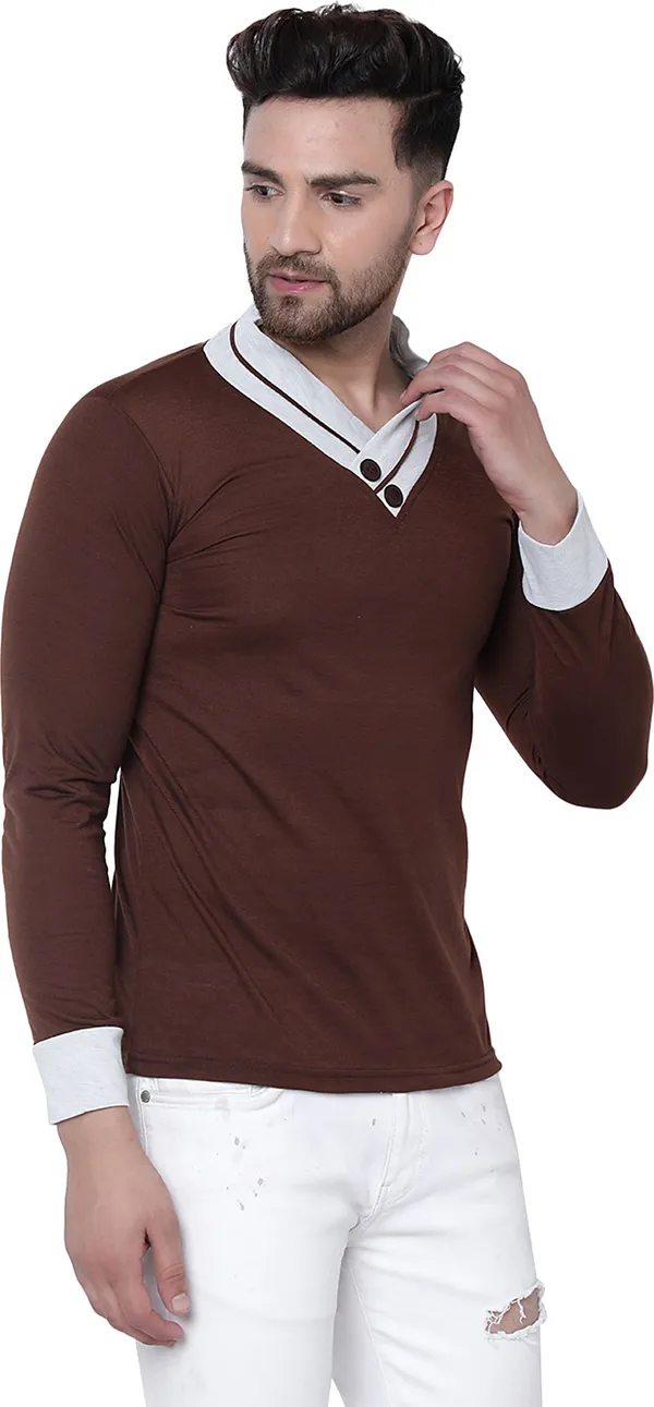 Brown_Cotton_Solid_Shawl_Neck_Regukar_Fit_T-Shirt_For_Men