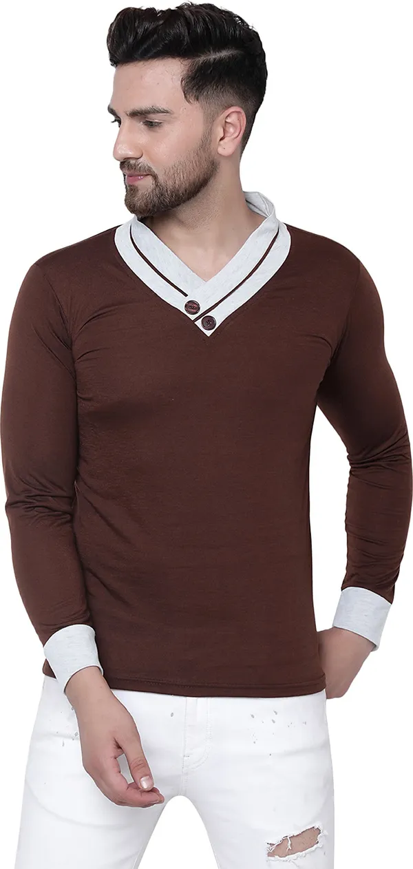 Brown_Cotton_Solid_Shawl_Neck_Regukar_Fit_T-Shirt_For_Men