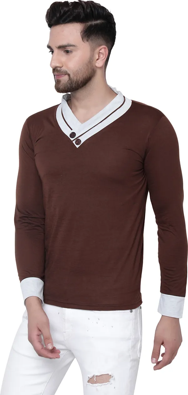 Brown_Cotton_Solid_Shawl_Neck_Regukar_Fit_T-Shirt_For_Men
