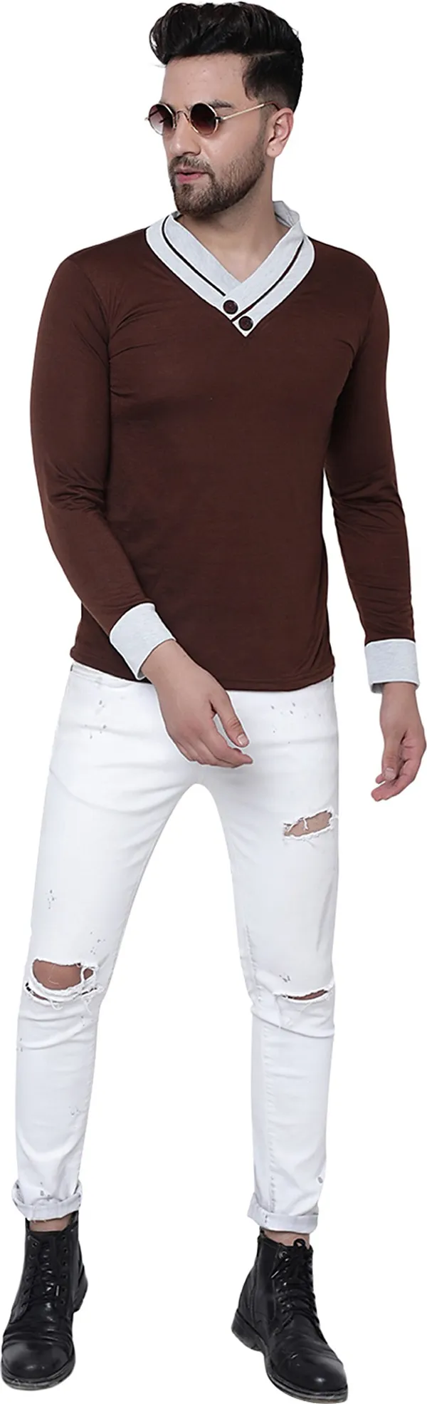 Brown_Cotton_Solid_Shawl_Neck_Regukar_Fit_T-Shirt_For_Men