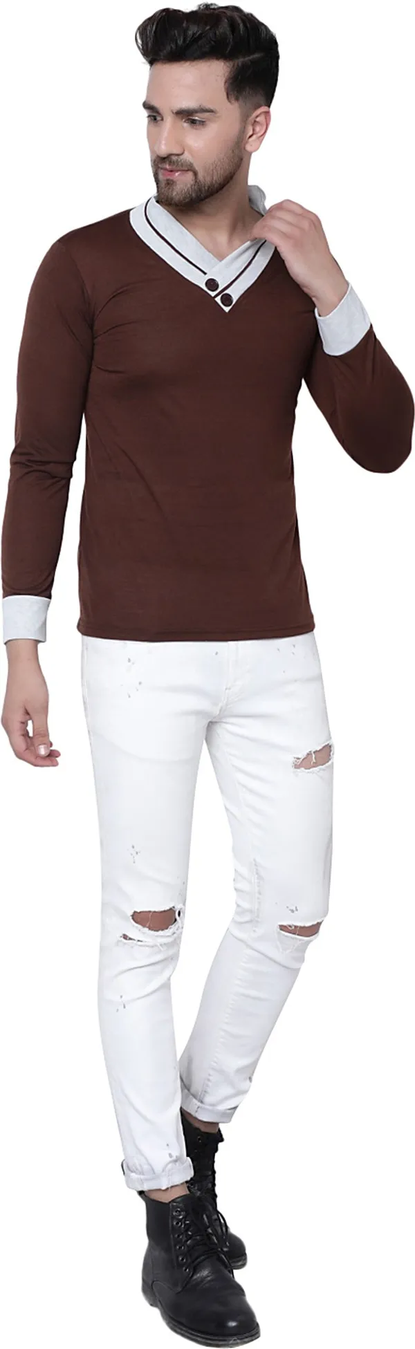 Brown_Cotton_Solid_Shawl_Neck_Regukar_Fit_T-Shirt_For_Men