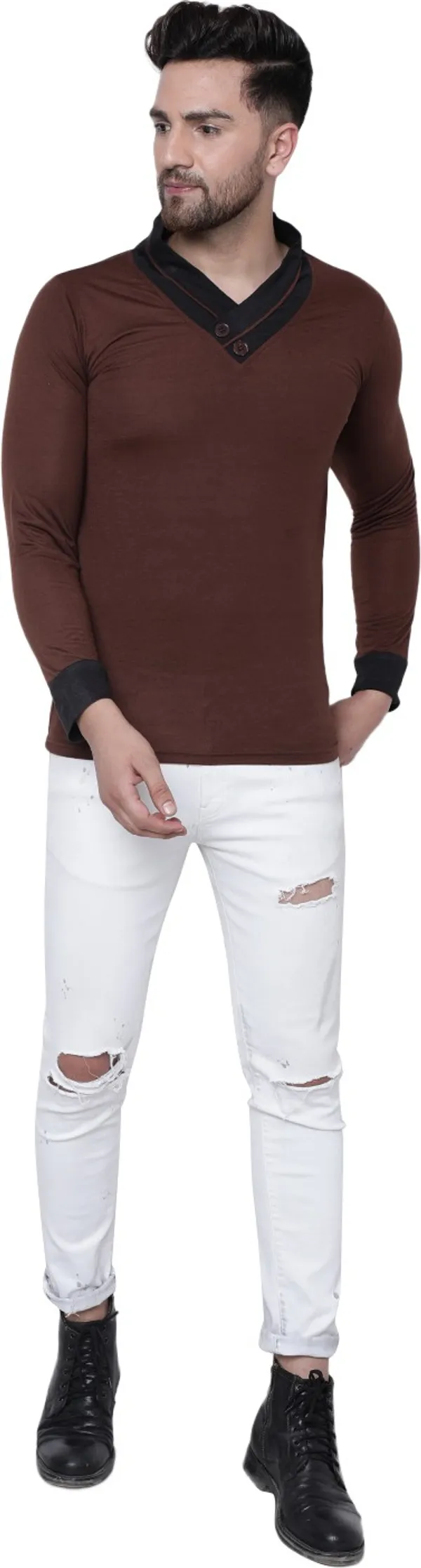 Brown_Cotton_Solid_Shawl_Neck__Regukar_Fit_T-Shirt_For_Men