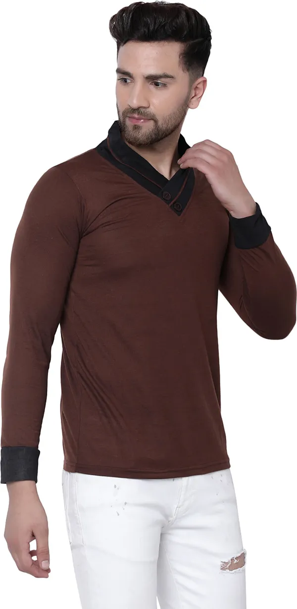Brown_Cotton_Solid_Shawl_Neck__Regukar_Fit_T-Shirt_For_Men