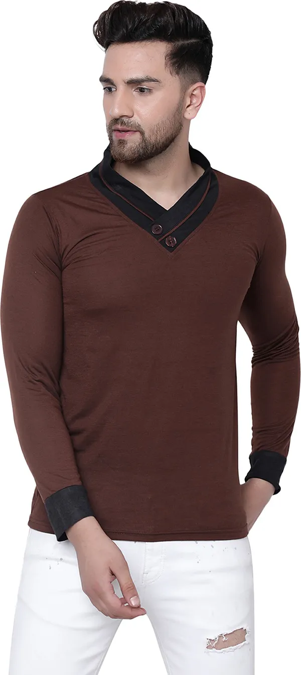 Brown_Cotton_Solid_Shawl_Neck__Regukar_Fit_T-Shirt_For_Men