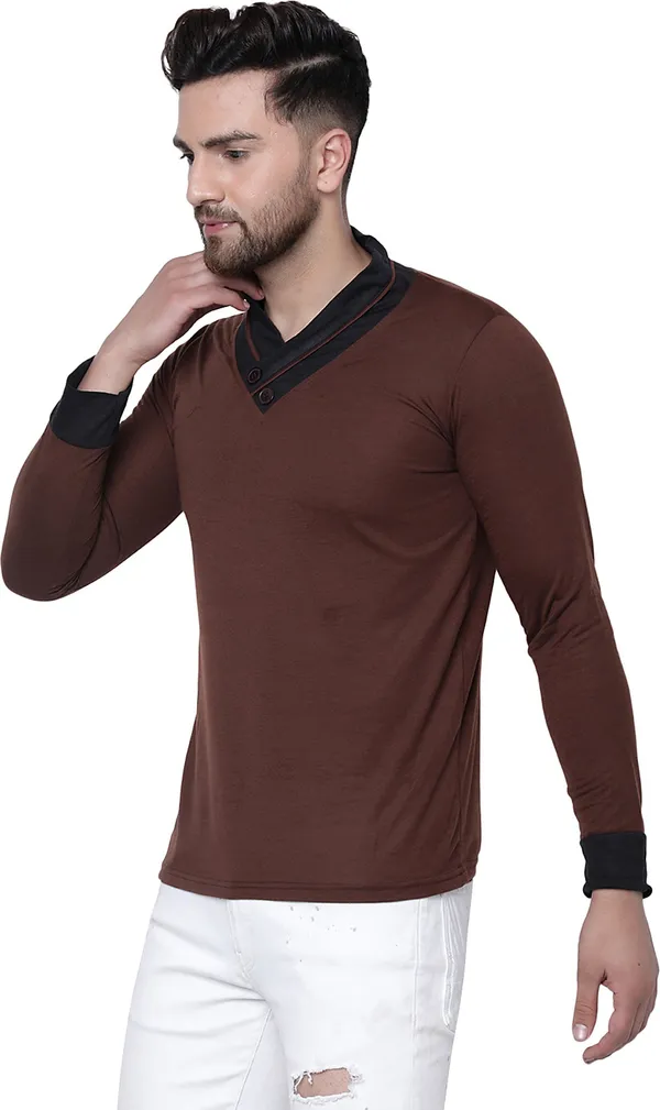 Brown_Cotton_Solid_Shawl_Neck__Regukar_Fit_T-Shirt_For_Men