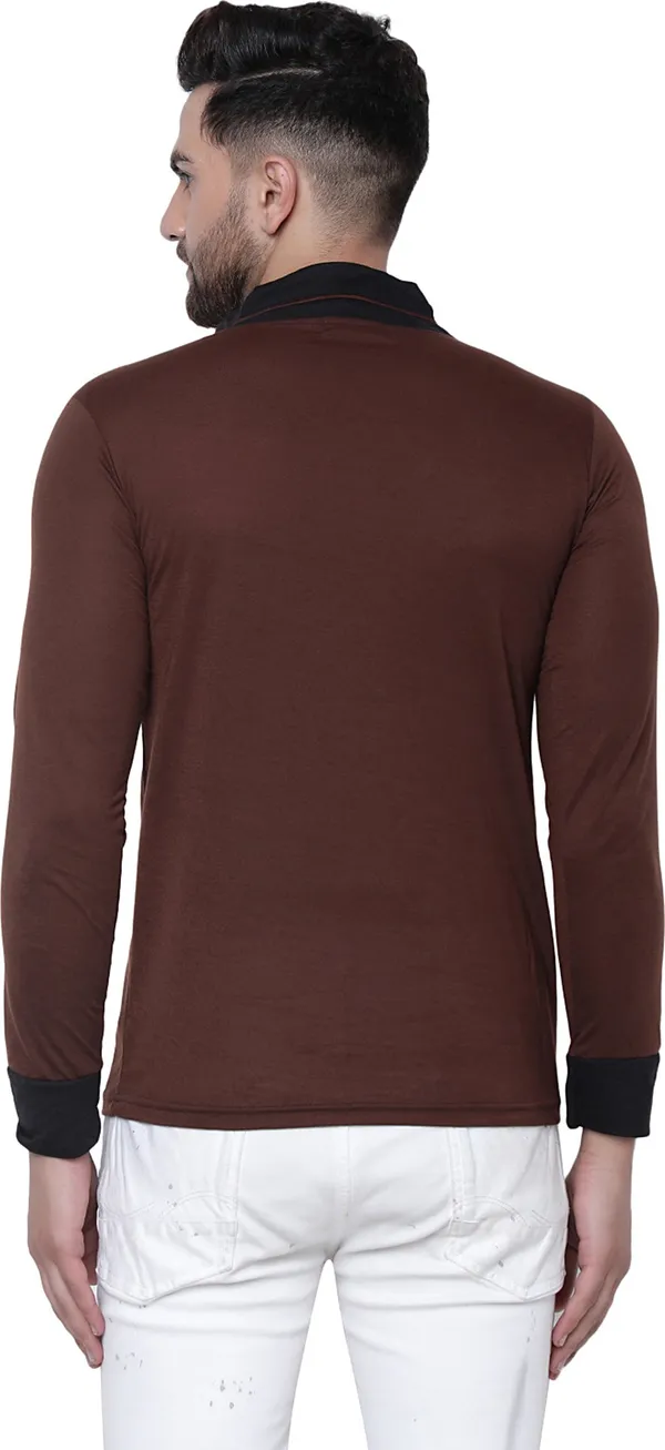 Brown_Cotton_Solid_Shawl_Neck__Regukar_Fit_T-Shirt_For_Men