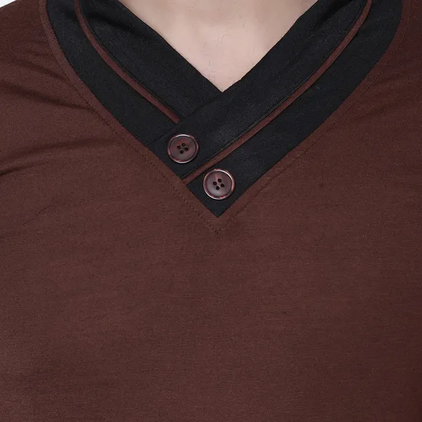 Brown_Cotton_Solid_Shawl_Neck__Regukar_Fit_T-Shirt_For_Men