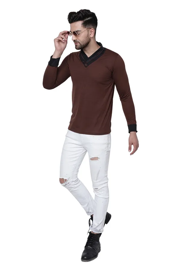 Brown_Cotton_Solid_Shawl_Neck__Regukar_Fit_T-Shirt_For_Men