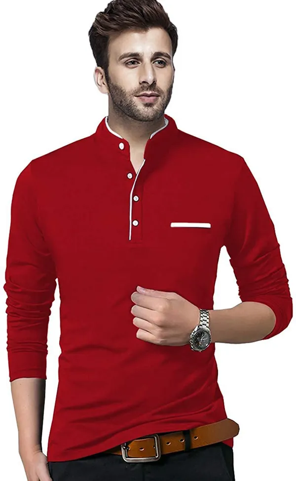 Red_Cotton_Solid_Mandarin_Collar_Regukar_Fit_T-Shirt_For_Men