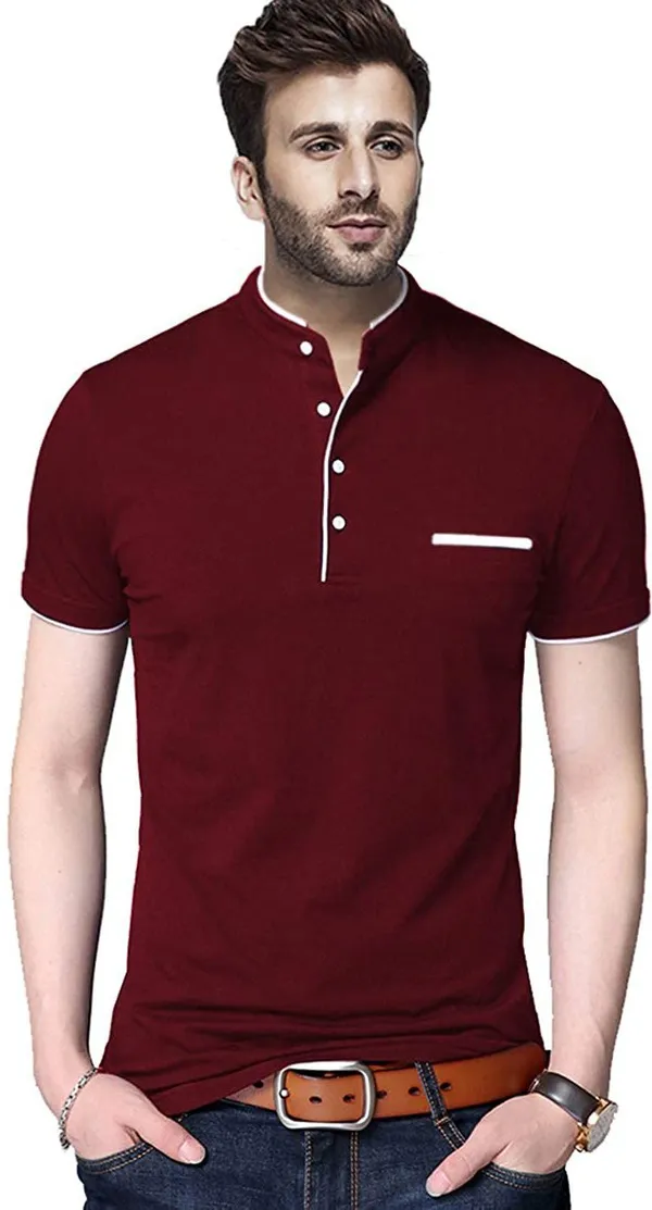Maroon_Cotton_Solid_Mandarin_Collar_Regukar_Fit_T-Shirt_for_men