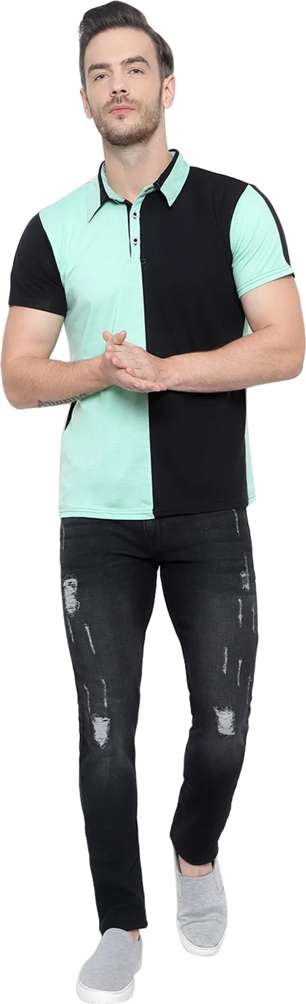 Light_Green_Colorblock_Polo_Neck_Regukar_Fit_T-Shirt_For_Men