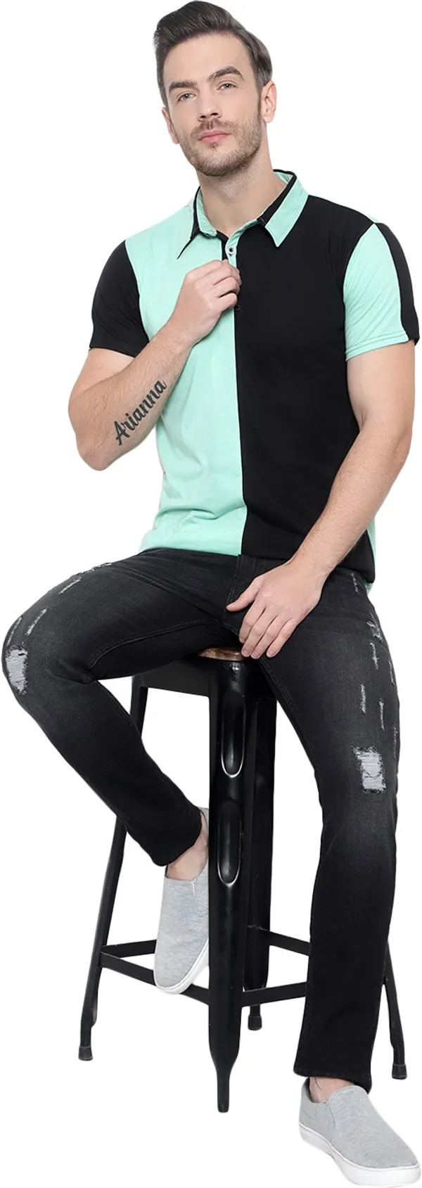 Light_Green_Colorblock_Polo_Neck_Regukar_Fit_T-Shirt_For_Men