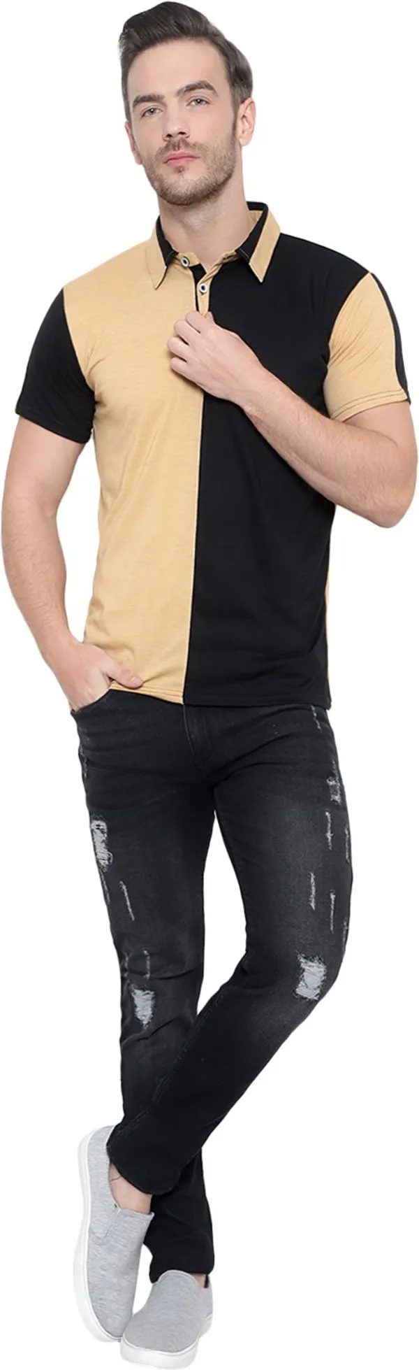 Beige_Colorblock_Polo_Neck_Regukar_Fit_T-Shirt_For_Men
