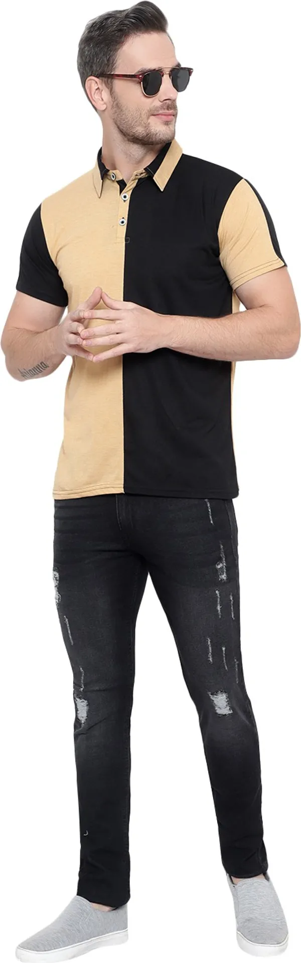 Beige_Colorblock_Polo_Neck_Regukar_Fit_T-Shirt_For_Men