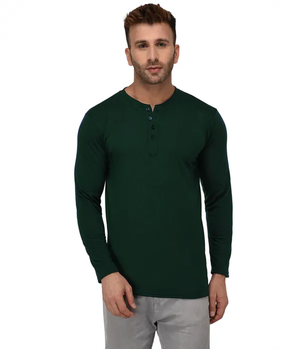 Dark_Green_Cotton_Solid_Henley_Neck_Regukar_Fit_T-Shirt_For_Men