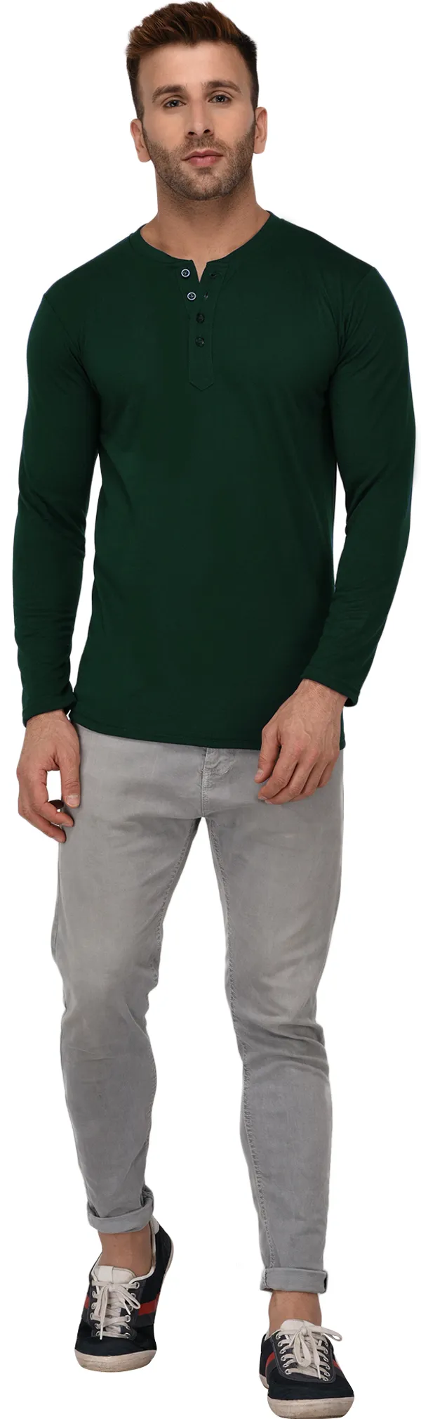 Dark_Green_Cotton_Solid_Henley_Neck_Regukar_Fit_T-Shirt_For_Men