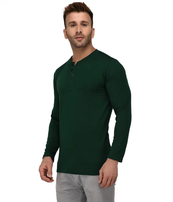Dark_Green_Cotton_Solid_Henley_Neck_Regukar_Fit_T-Shirt_For_Men