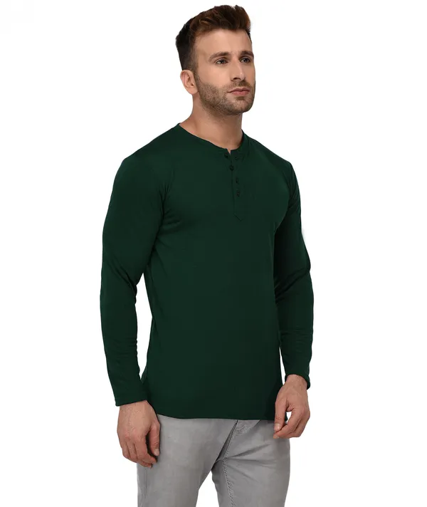 Dark_Green_Cotton_Solid_Henley_Neck_Regukar_Fit_T-Shirt_For_Men