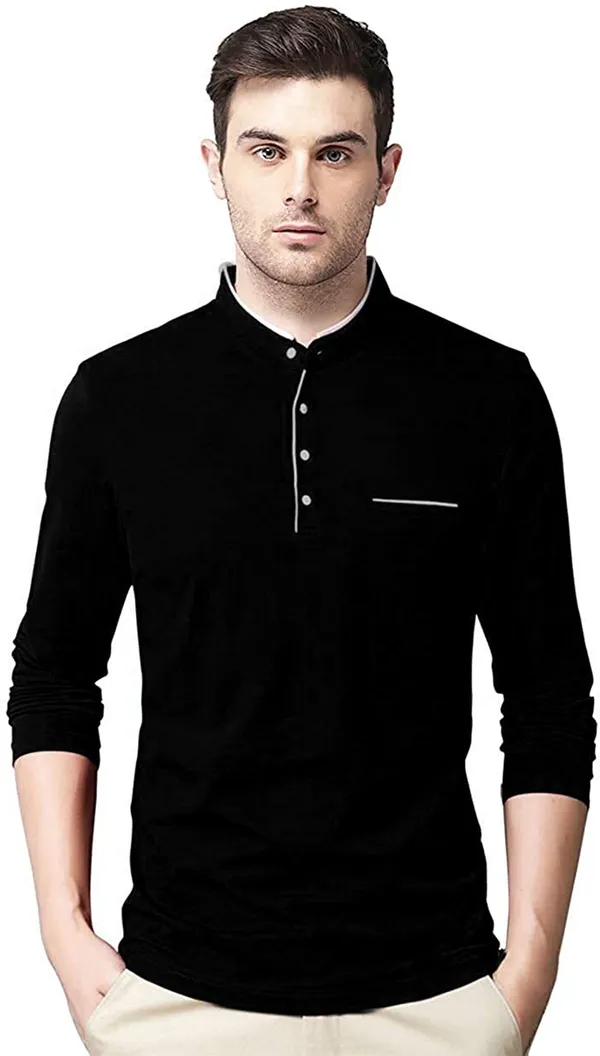 Black_Cotton_Solid_Mandarin_Collar_Regukar_Fit_T-Shirt_For_Men