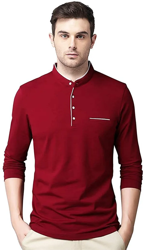 Maroon_Cotton_Solid_Mandarin_Collar_Regukar_Fit_T-Shirt_For_Men