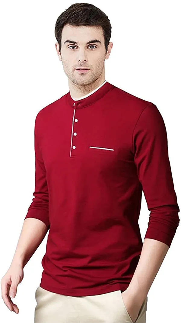 Maroon_Cotton_Solid_Mandarin_Collar_Regukar_Fit_T-Shirt_For_Men