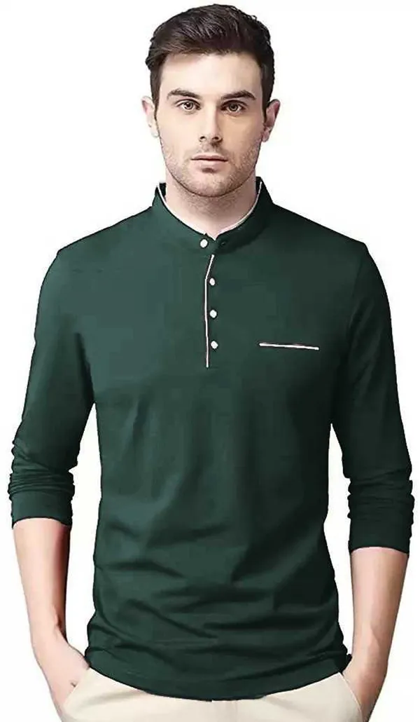 Dark_Green_Cotton_Solid_Mandarin_Collar_Regukar_Fit_T-Shirt_For_Men