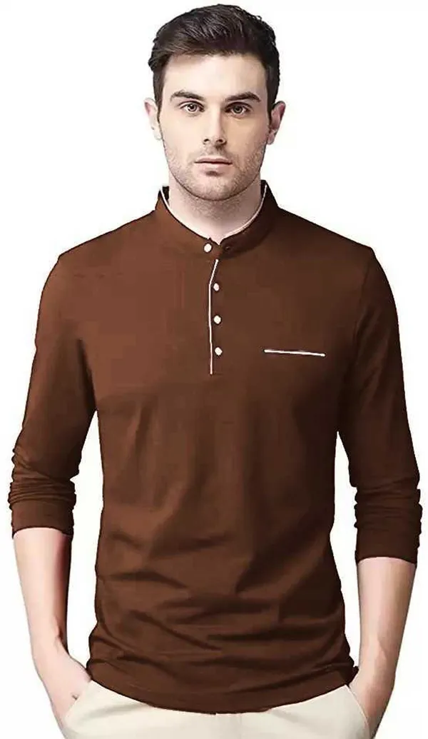 Brown_Cotton_Solid_Mandarin_Collar_Regukar_Fit_T-Shirt_for_men