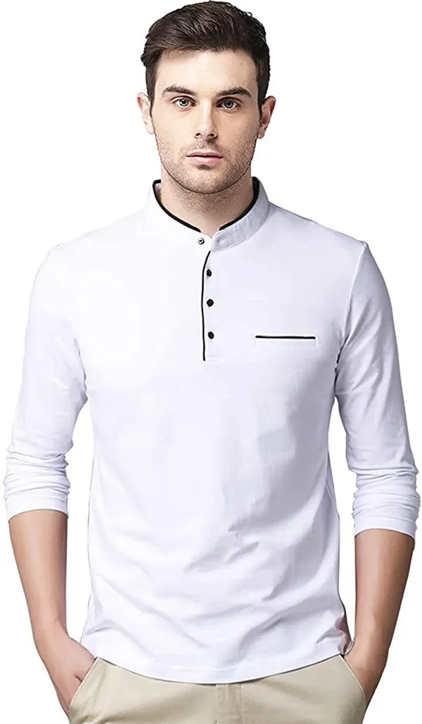 White_Cotton_Solid_Mandarin_Collar_Regukar_Fit_T-Shirt_For_Men