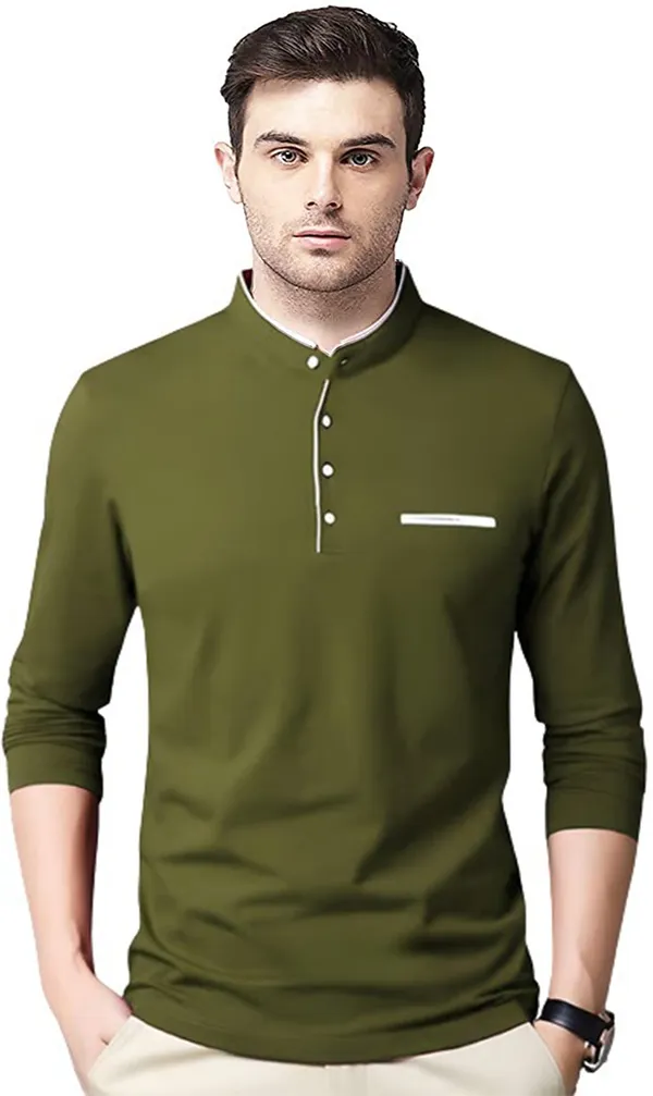 Dark_Green_Cotton_Solid_Mandarin_Collar_Regukar_Fit_T-Shirt_For_Men