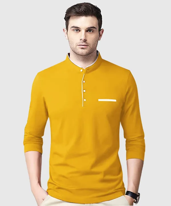 Yellow_Cotton_Solid_Mandarin_Collar_Regukar_Fit_T-Shirt_For_Men