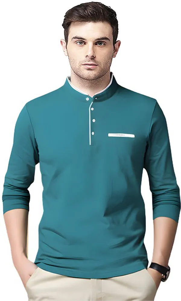 Dark_Blue_Cotton_Solid_Mandarin_Collar_Regukar_Fit_T-Shirt_For_Men