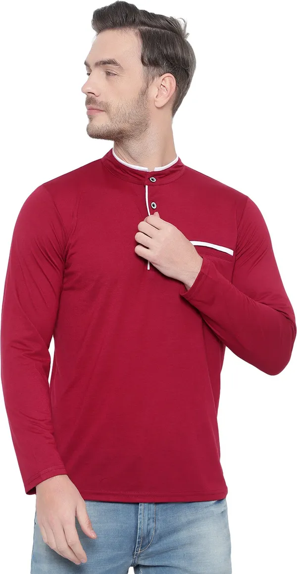 Maroon_Cotton_Solid_Mandarin_Collar_Regukar_Fit_T-Shirt_for_men
