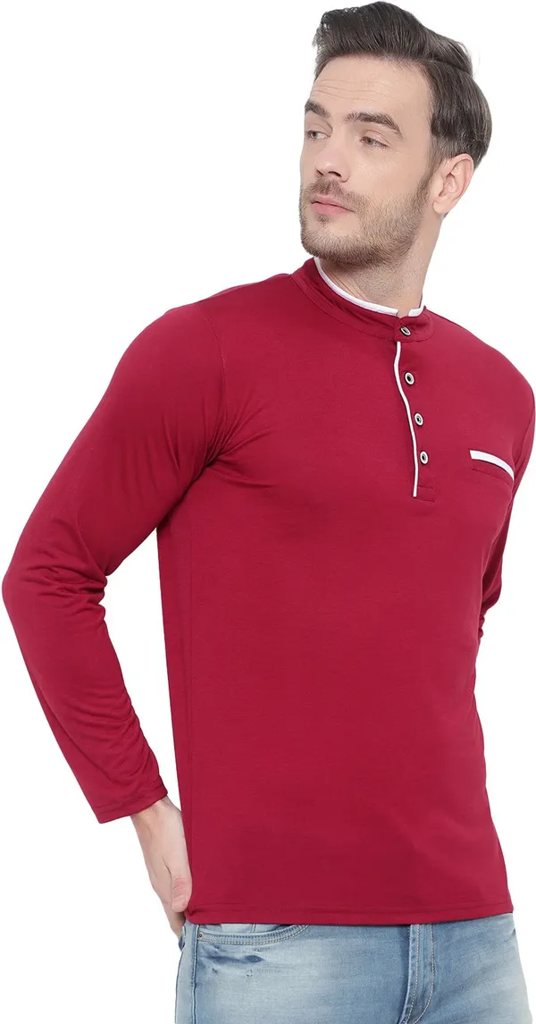 Maroon_Cotton_Solid_Mandarin_Collar_Regukar_Fit_T-Shirt_for_men